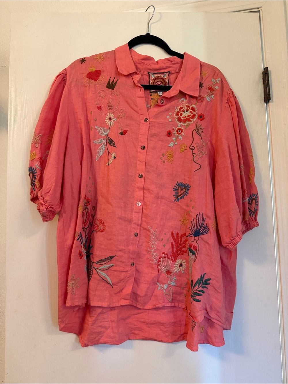 Johnny Was Pink Embroidered Linen Button-Front Blouse - Picture 1 of 3
